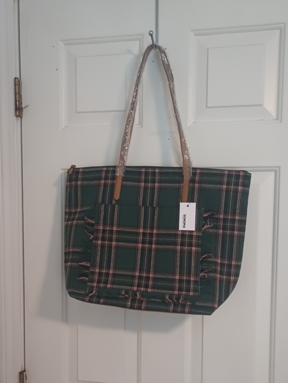 Sonoma Green Plaid Tote with Tan Handles